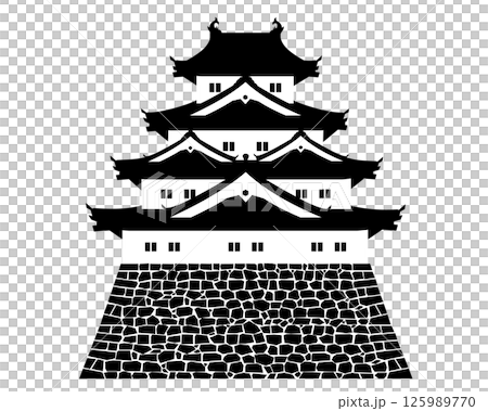 Black and white illustration of a Japanese castle with a four-story, four-storey tower Black and white illustration of a Japanese castle with a four-story, four-storey tower 125989770