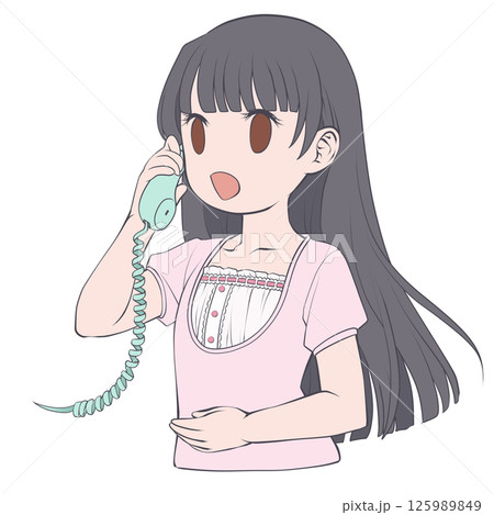 受話器を持って話す黒髪の若い女性・笑顔 受話器を持って話す黒髪の若い女性・笑顔 125989849