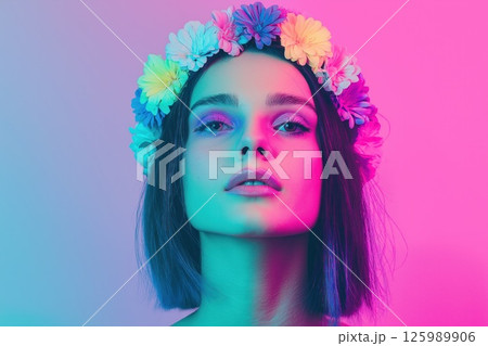 Androgynous men model wearing flower crown posing under colorful neon lights Androgynous men model wearing flower crown posing under colorful neon lights 125989906