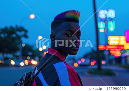 Young non binary person with colorful mohawk walking in the city at dusk Young non binary person with colorful mohawk walking in the city at dusk 125990029