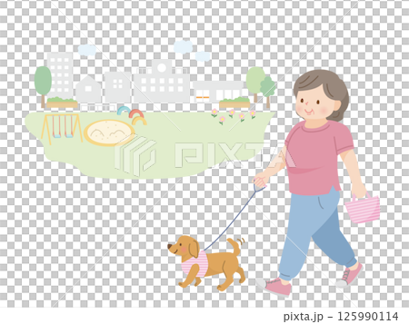 肥胖的中年婦女在公園遛狗 125990114