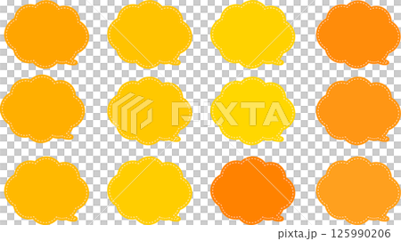 A set of orange cloud-shaped speech bubbles with a white dashed line inside and a tail on the bottom right. A set of orange cloud-shaped speech bubbles with a white dashed line inside and a tail on the bottom right. 125990206
