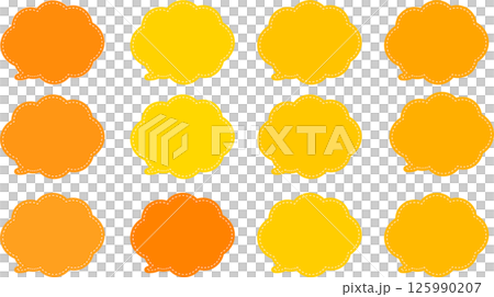 A set of orange cloud-shaped speech bubbles with a white dashed line inside and a tail on the bottom left. 125990207