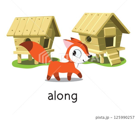 Preposition. Fox goes ALONG the henhouses 125990257