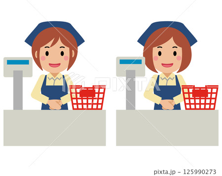 笑顔でレジに立つ紺色エプロンの若い女性 笑顔でレジに立つ紺色エプロンの若い女性 125990273