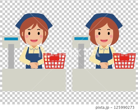 笑顔でレジに立つ紺色エプロンの若い女性 笑顔でレジに立つ紺色エプロンの若い女性 125990273
