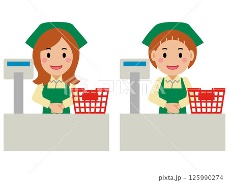 笑顔でレジに立つ緑エプロンの若い女性。その2 笑顔でレジに立つ緑エプロンの若い女性。その2 125990274
