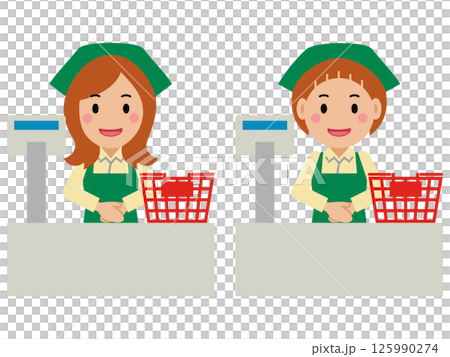 笑顔でレジに立つ緑エプロンの若い女性。その2 笑顔でレジに立つ緑エプロンの若い女性。その2 125990274
