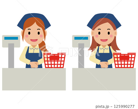 笑顔でレジに立つ紺色エプロンの若い女性。その3 125990277