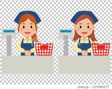 笑顔でレジに立つ紺色エプロンの若い女性。その3 125990277