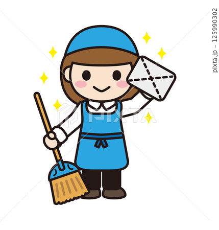 ほうきと雑巾で綺麗に掃除している清掃員さん 125990302