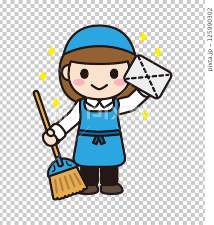 ほうきと雑巾で綺麗に掃除している清掃員さん 125990302