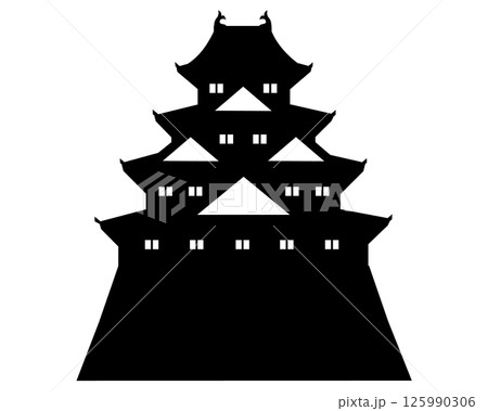 日本の城　四重四階の天守の白黒シルエットイラスト 125990306