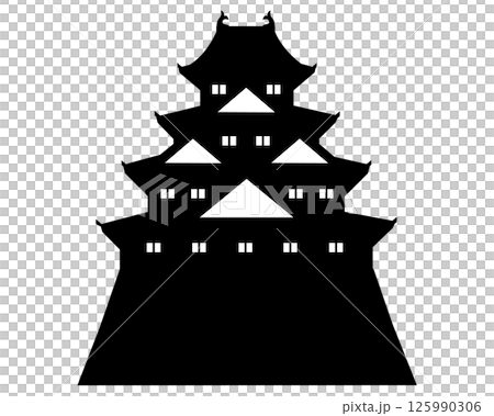 日本の城　四重四階の天守の白黒シルエットイラスト 125990306