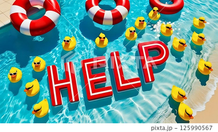 海水浴・プールでの安全を訴えるラバーダックと浮き輪のメッセージ「HELP」– 夏の空撮風イメージ 海水浴・プールでの安全を訴えるラバーダックと浮き輪のメッセージ「HELP」– 夏の空撮風イメージ 125990567