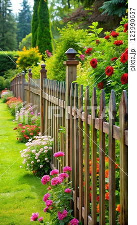 A Symphony of Blooms by the Wooden Fence. Generative AI 125990657