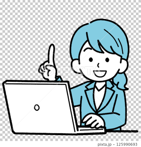 パソコンの前で指差しをするスーツのOLのイラスト 125990693