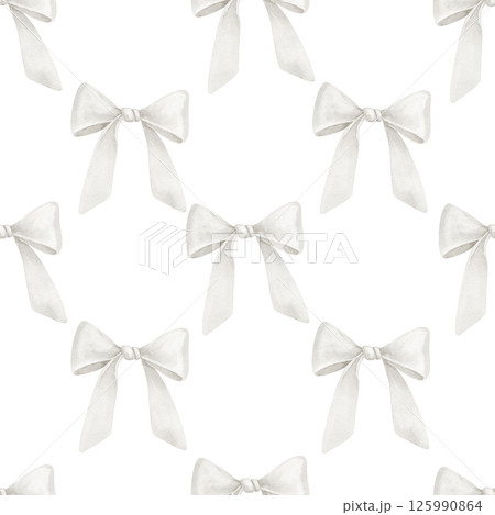 Seamless watercolor Pattern with white Bows. Illustration of background with tied ribbons in pastel colors for baby stationery, nursery wallpaper or childish textile designs. Backdrop for wrapping. 125990864