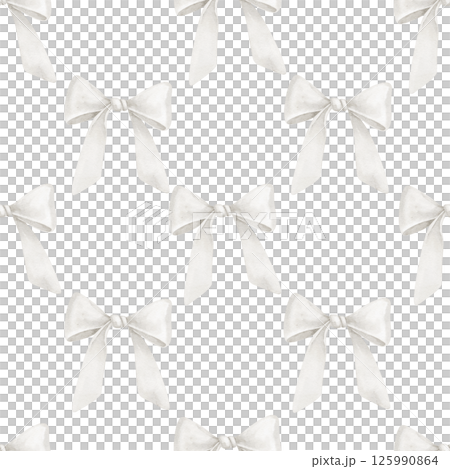 Seamless watercolor Pattern with white Bows. Illustration of background with tied ribbons in pastel colors for baby stationery, nursery wallpaper or childish textile designs. Backdrop for wrapping. 125990864