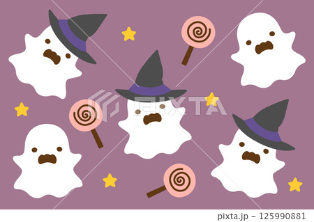 帽子をかぶったハロウィンのかわいいオバケとキャンディー 125990881