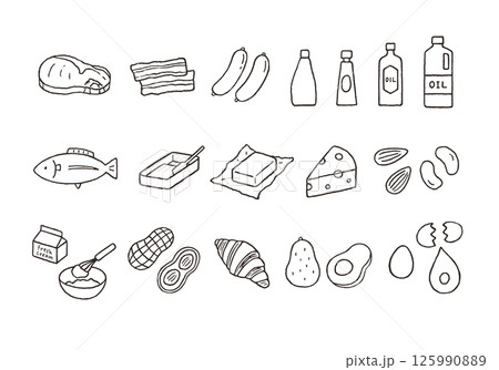 脂質を含む食べ物の手描きイラストセット（モノクロ） 125990889