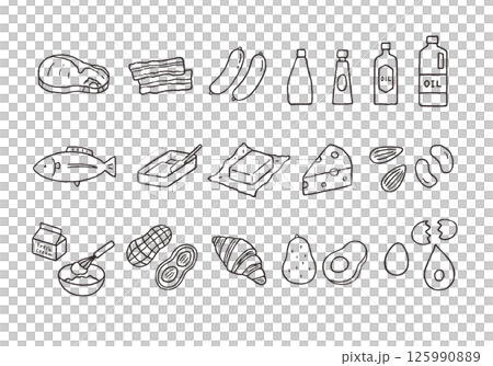 脂質を含む食べ物の手描きイラストセット（モノクロ） 125990889