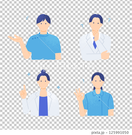 醫生和護理人員的手勢集合。一套四件套裝的套裝,其中有穿著白大褂和醫療制服的男女。 醫生和護理人員的手勢集合。一套四件套裝的套裝,其中有穿著白大褂和醫療制服的男女。 125991050