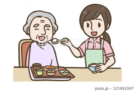 高齢者の食事介助のイラスト（医療・介護・福祉） 125991097
