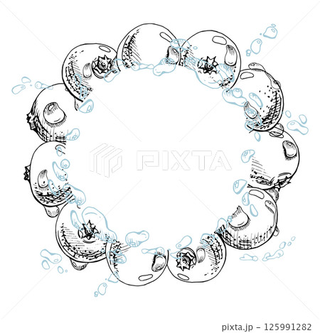 Lingonberry cranberry flying in water splash with dew drops, red ripe forest berry bearberry teaberry winterberry vector hand drawn in ink. Isolated circle wreath frame for cafe menu, farmers market 125991282