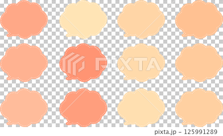 A pink and flesh-toned cloud-shaped speech bubble with a dashed white line around the inside and a tail at the bottom left. 125991289