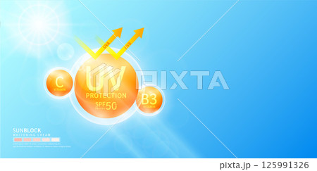 UV protection and SPF 50 PA with vitamin C B3 and arrow reflects light UVA UVB. Protects against sunlight ultraviolet attacks. For design cosmetic products ads. Banner empty space for text. Vector. 125991326