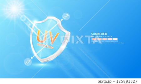 UV protection. Glass shield transparent and arrow reflects light UVA UVB. Protects against sunlight ultraviolet attacks. For design cream skin care sunscreen cosmetic products ads. Banner vector. UV protection. Glass shield transparent and arrow reflects light UVA UVB. Protects against sunlight ultraviolet attacks. For design cream skin care sunscreen cosmetic products ads. Banner vector. 125991327