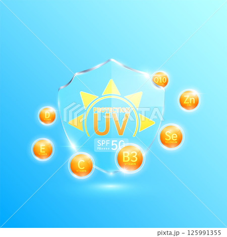 UV protection and SPF 50 PA in glass shield translucent surrounded by orange vitamins minerals. Protects against UVA, UVB, sunlight and ultraviolet attacks. For design cosmetic products ads. Vector. 125991355