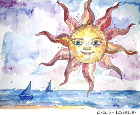 顔のある太陽の水彩画 顔のある太陽の水彩画 125991397