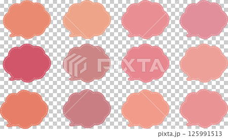 A set of pink cloud-shaped speech bubbles with a white dashed line around the inside and the tail of the speech bubble at the bottom left. A set of pink cloud-shaped speech bubbles with a white dashed line around the inside and the tail of the speech bubble at the bottom left. 125991513