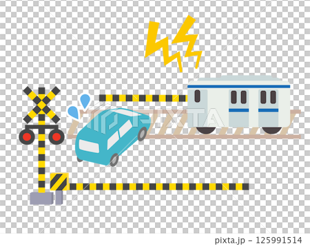 踏切内で立ち往生する車と緊急警笛を鳴らす列車 125991514