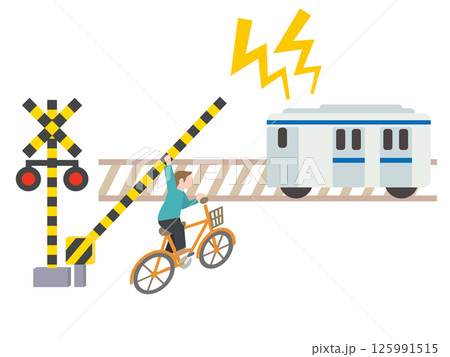 手動で踏切を上げ自転車で不正に渡る人と警笛を鳴らす列車 手動で踏切を上げ自転車で不正に渡る人と警笛を鳴らす列車 125991515