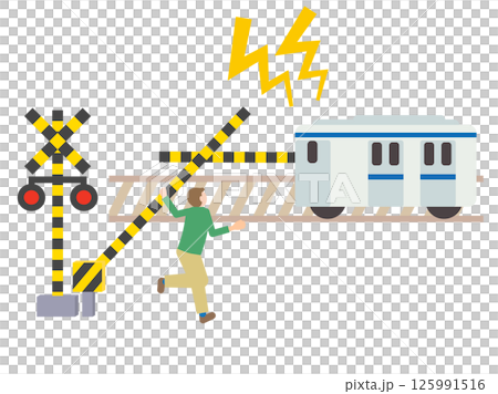 Illustration of a manually raised railroad crossing and an image of a train honking its horn and a person illegally crossing the railroad crossing Illustration of a manually raised railroad crossing and an image of a train honking its horn and a person illegally crossing the railroad crossing 125991516