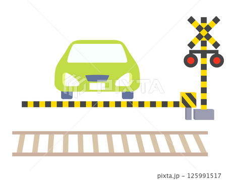 踏切で電車の通過を待って停車する車のイメージイラスト 125991517