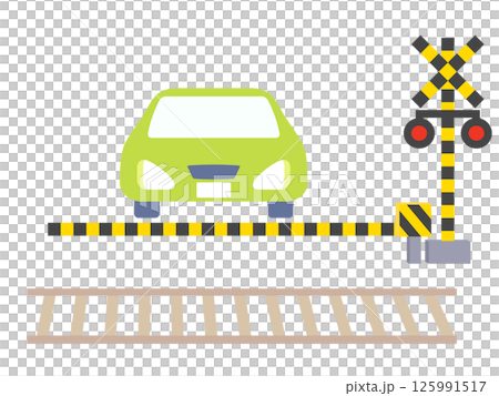 踏切で電車の通過を待って停車する車のイメージイラスト 125991517
