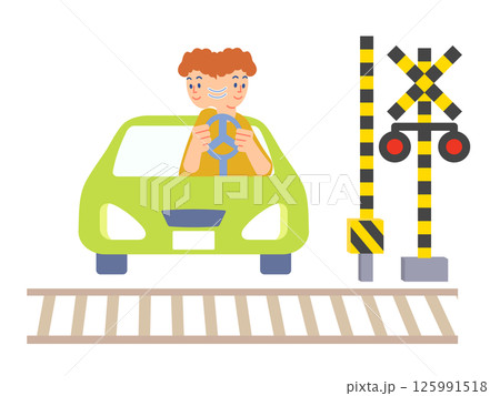 踏切を横断する際に左右を点検する車のドライバーイメージのイラスト 125991518