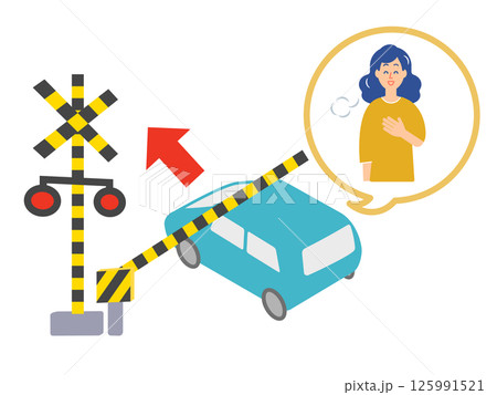 踏切内で立ち往生して、遮断棒を押して踏切をくぐり抜ける車と安心するドライバー 125991521