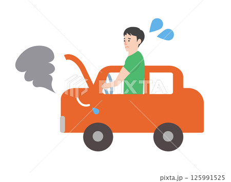 煙を出している故障車と困っているドライバーのシンプルなイラスト 125991525