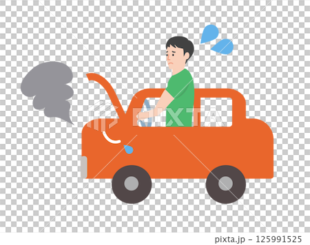 A simple illustration of a broken down car emitting smoke and a troubled driver 125991525