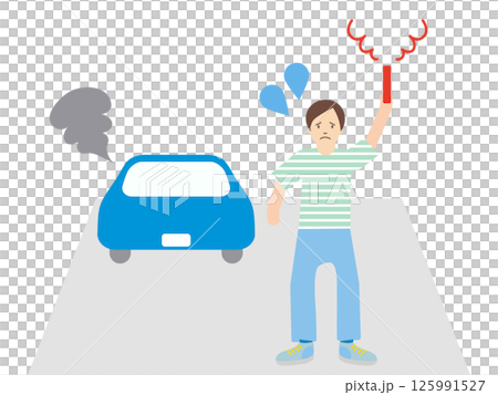 煙を出している故障車と発煙筒を持って警告するドライバーのシンプルなイラスト 125991527