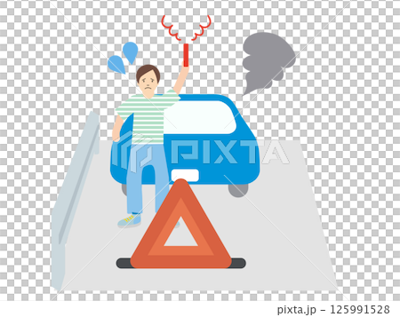 A simple illustration of a broken-down car emitting smoke and a driver holding a smoke bomb to warn the driver 125991528