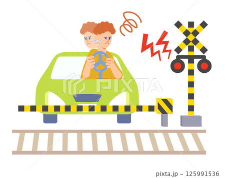 開かずの踏切にイライラするドライバーのイメージのイラスト 125991536