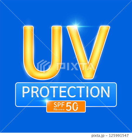UV Protection with SPF 50 PA+. Protects against UVA, UVB, sunlight and ultraviolet attacks. Logo on dark blue background for design cosmetic products ads. Health care. Vector EPS10. UV Protection with SPF 50 PA+. Protects against UVA, UVB, sunlight and ultraviolet attacks. Logo on dark blue background for design cosmetic products ads. Health care. Vector EPS10. 125991547