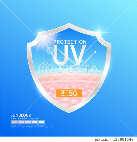 UV Protection with SPF 50 PA+++. Skin layer in shield arrow reflects light UVA UVB. Protects against sunlight ultraviolet attacks. For design cream skin care sunscreen cosmetic products ads. Vector. 125991548