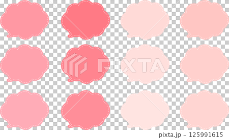 A set of pink cloud-shaped speech bubbles with a white dashed line around the inside and the tail of the speech bubble at the bottom left. 125991615